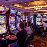 Players enjoying slot machines at hi88s casino with colorful games in a vibrant atmosphere