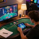 Player engaging with XX88 online casino games at home, highlighting focus and strategy.