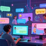 Dynamic chatroom with avatars engaging in ai porn chat conversations, highlighted with colorful emojis and vibrant digital elements.