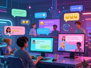 Dynamic chatroom with avatars engaging in ai porn chat conversations, highlighted with colorful emojis and vibrant digital elements.