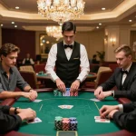 Players at an MM88 poker table strategizing and placing bets amid an elegant casino atmosphere.