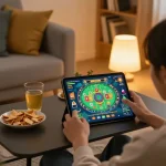 Engaging xóc đĩa online gameplay showing a player interacting with a tablet in a cozy setting