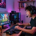Excited player immersed in Hitclub gaming platform, showcasing dynamic gaming setup with accessories and vibrant ambiance.