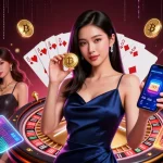Experience thrilling games at cm88 com featuring a stunning Asian woman engaging with casino apps and gold chips.