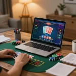 Person enjoying online casino gameplay with 88aa8 interface, showcasing excitement and strategy in a cozy setting.