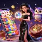 Engage in betting with tylebongda's captivating casino scene featuring a mystical woman and vibrant game elements.