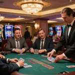 Players at nhà cái uu88's blackjack table engaging in strategy and gameplay excitement in an elegant casino setting