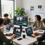 Creative team using seedance 2.0 ai for innovative video production in a vibrant workspace