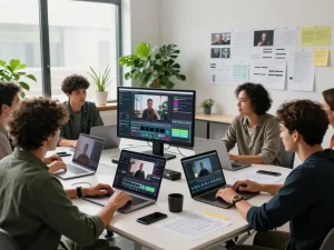 Creative team using seedance 2.0 ai for innovative video production in a vibrant workspace