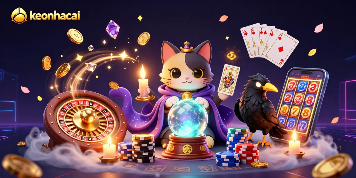Win big at keonhacai with a vibrant casino scene featuring mystical characters and dynamic gaming elements.