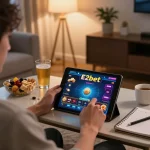 E2bet user engaging in online casino gameplay on a tablet, showcasing strategic betting and comfortable home environment.
