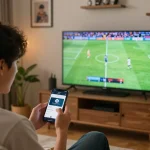 Xem bóng sbotop while placing live bets on a smartphone during an exciting soccer match.