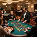 MM88 roulette action with players focused on the spinning wheel and bets, showcasing vibrant casino atmosphere.
