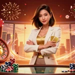 Play poker competitively at hello88 com with an elegant Asian businesswoman in a vibrant casino.