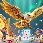 Engage in thrilling gameplay at 68WIN with a dynamic scene of a cybernetic golden eagle and treasure elements.