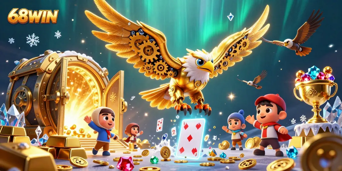 Engage in thrilling gameplay at 68WIN with a dynamic scene of a cybernetic golden eagle and treasure elements.