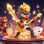 Suncity casino scene featuring rock star wolf and drummer bear amidst cascading coins and a roulette wheel.