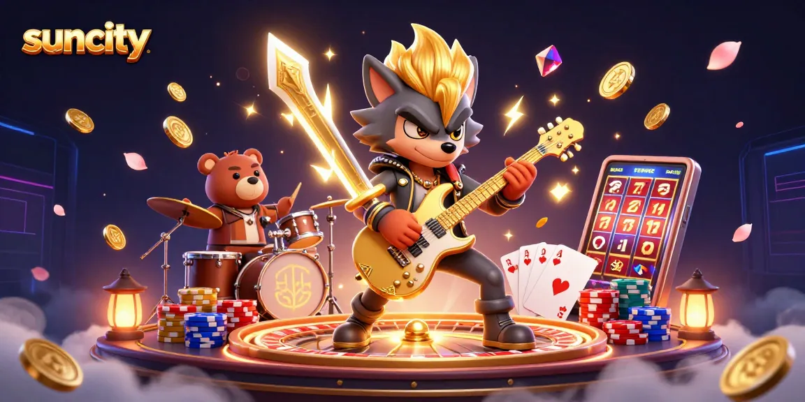 Suncity casino scene featuring rock star wolf and drummer bear amidst cascading coins and a roulette wheel.