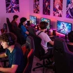 Gamers enjoying immersive hentai games in a vibrant, social setting with neon lights and animated screens.