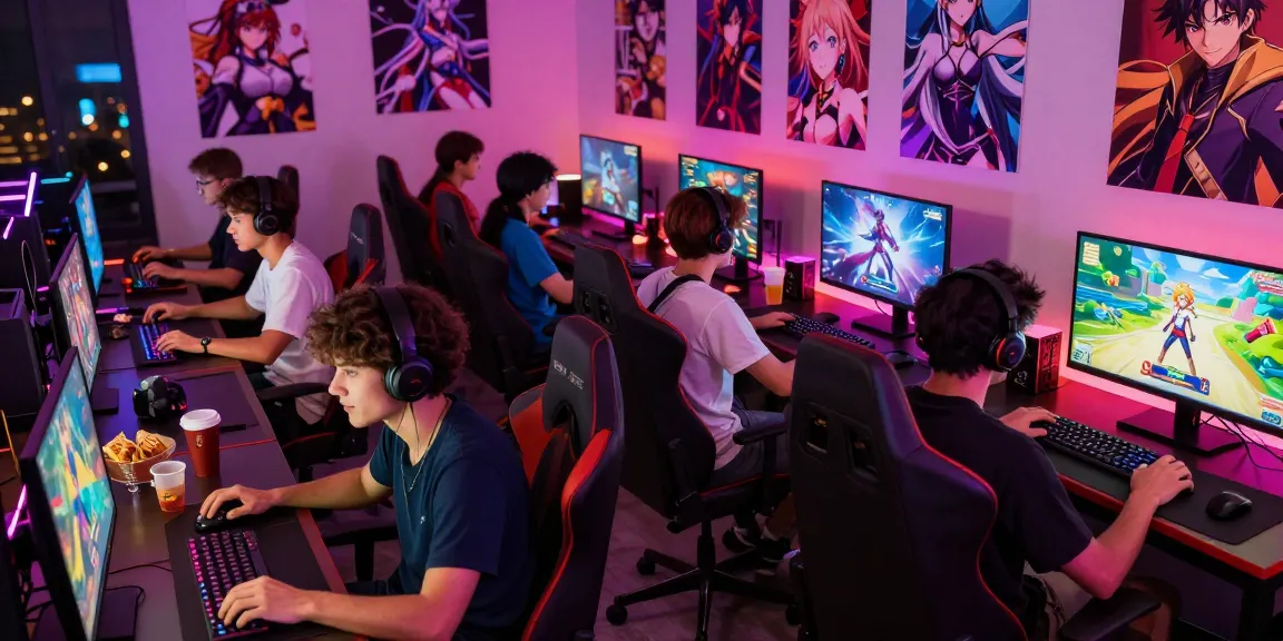 Gamers enjoying immersive hentai games in a vibrant, social setting with neon lights and animated screens.