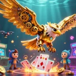 Experience the thrill of Go88 as the golden eagle dives through vibrant holographic cards in a dazzling casino.