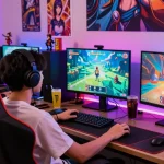 Engaging gaming setup featuring a player enjoying hentai games online with colorful visuals and snacks.