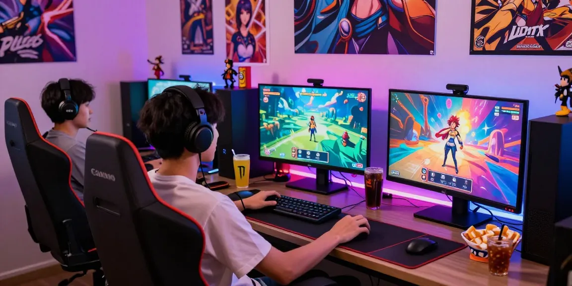 Engaging gaming setup featuring a player enjoying hentai games online with colorful visuals and snacks.