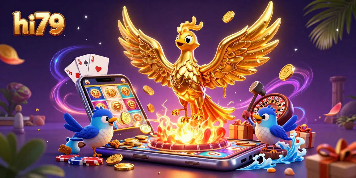 hi79 showcases a vibrant 3D casino scene featuring a golden phoenix amid dazzling gaming elements.