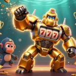Spin to win with vswin: an engaging casino scene featuring a golden gorilla mech and lively slot elements.