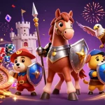 Experience hubet's thrilling online gambling world with knights and gold coins in a festive 3D scene.