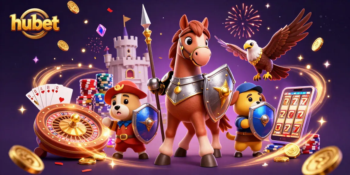 Experience hubet's thrilling online gambling world with knights and gold coins in a festive 3D scene.