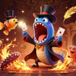 Experience thrilling gameplay at xin88 with a bioluminescent eel magician performing stunning card tricks in a vibrant casino scene.