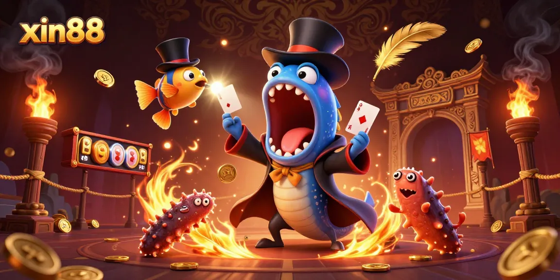 Experience thrilling gameplay at xin88 with a bioluminescent eel magician performing stunning card tricks in a vibrant casino scene.