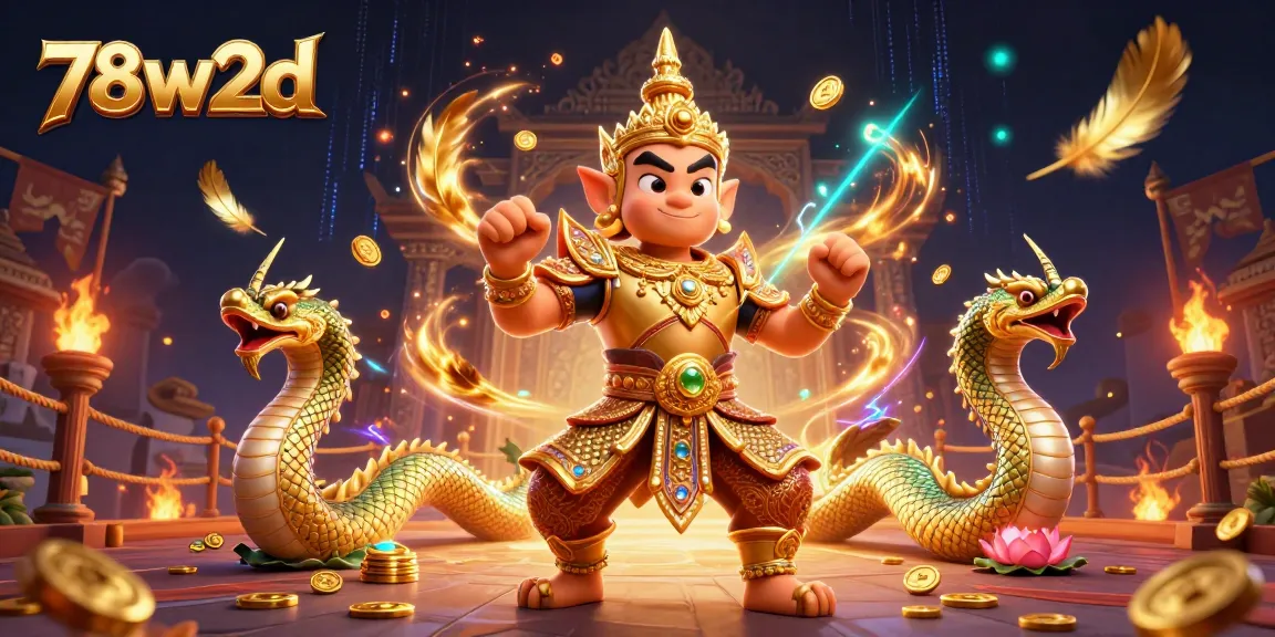 Engage with the luxury of 78w2d in a vibrant casino scene featuring a temple guardian, Naga serpents, and game tokens.