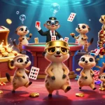 Experience the thrilling mm888 casino scene with meerkats managing games, surrounded by treasure and sparkle.