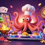 Experience thrilling gameplay with 99win as a sushi chef octopus prepares golden dishes amid vibrant slot game elements.