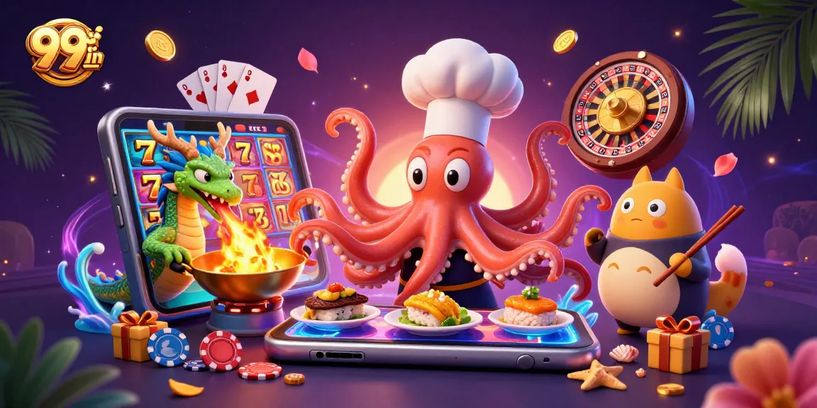 Experience thrilling gameplay with 99win as a sushi chef octopus prepares golden dishes amid vibrant slot game elements.
