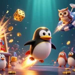 Explore new credit card casinos with a golden penguin and thrilling slot machine action in this vibrant 3D illustration.