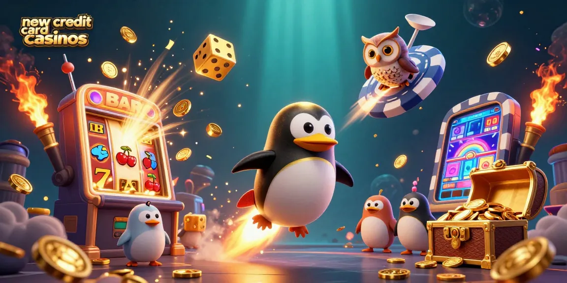 Explore new credit card casinos with a golden penguin and thrilling slot machine action in this vibrant 3D illustration.