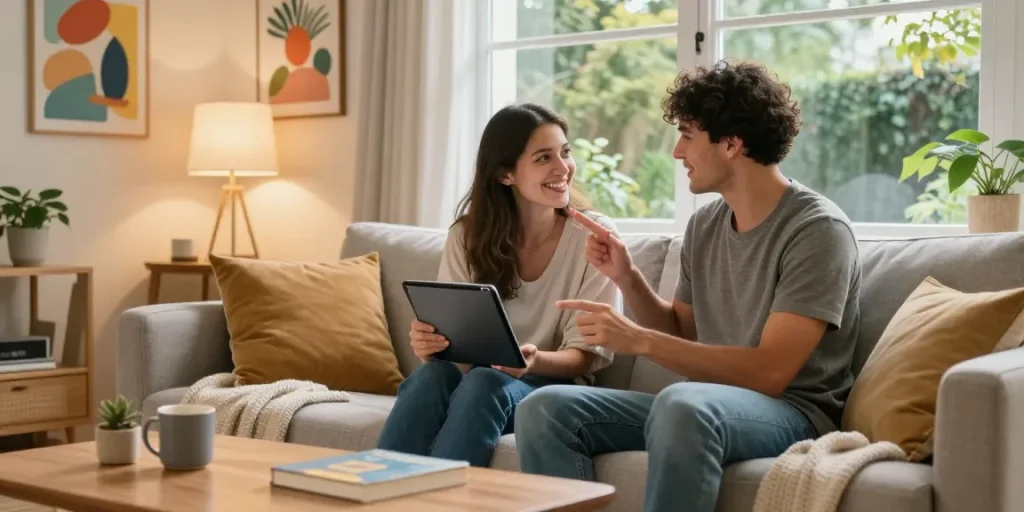 Young couple engaging with their AI girlfriend on a tablet in a cozy living room.