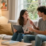 Young couple engaging with their AI girlfriend on a tablet in a cozy living room.