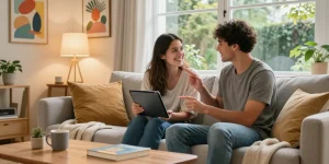Young couple engaging with their AI girlfriend on a tablet in a cozy living room.