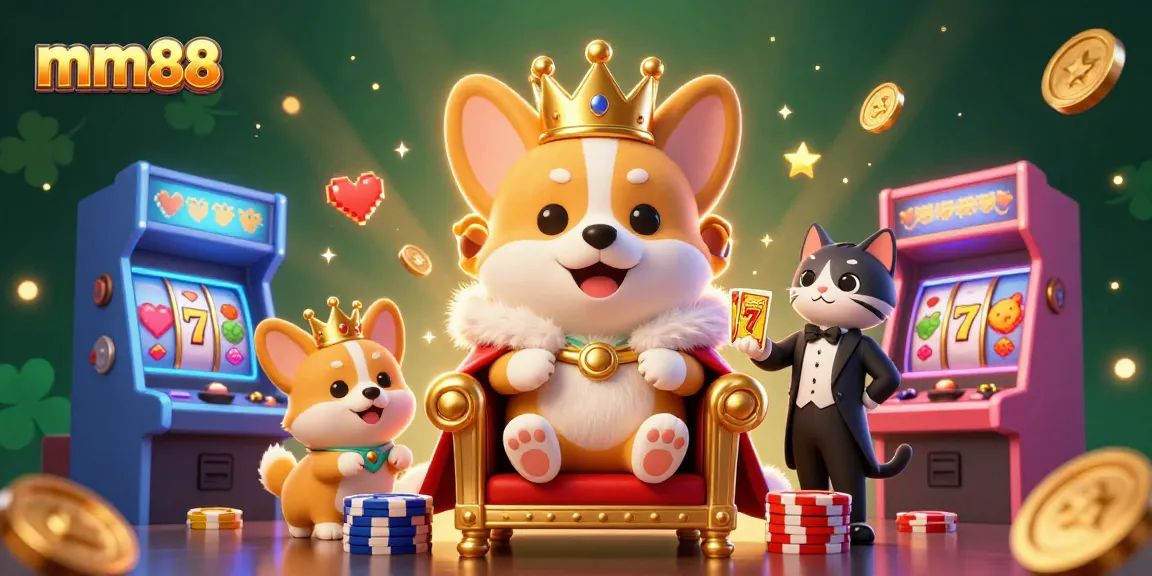 Experience thrilling gaming at mm88 with a royal corgi and vibrant casino elements.