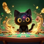 Win big at 89BET with the cosmic casino featuring a playful black hole cat pulling in chips and cards.