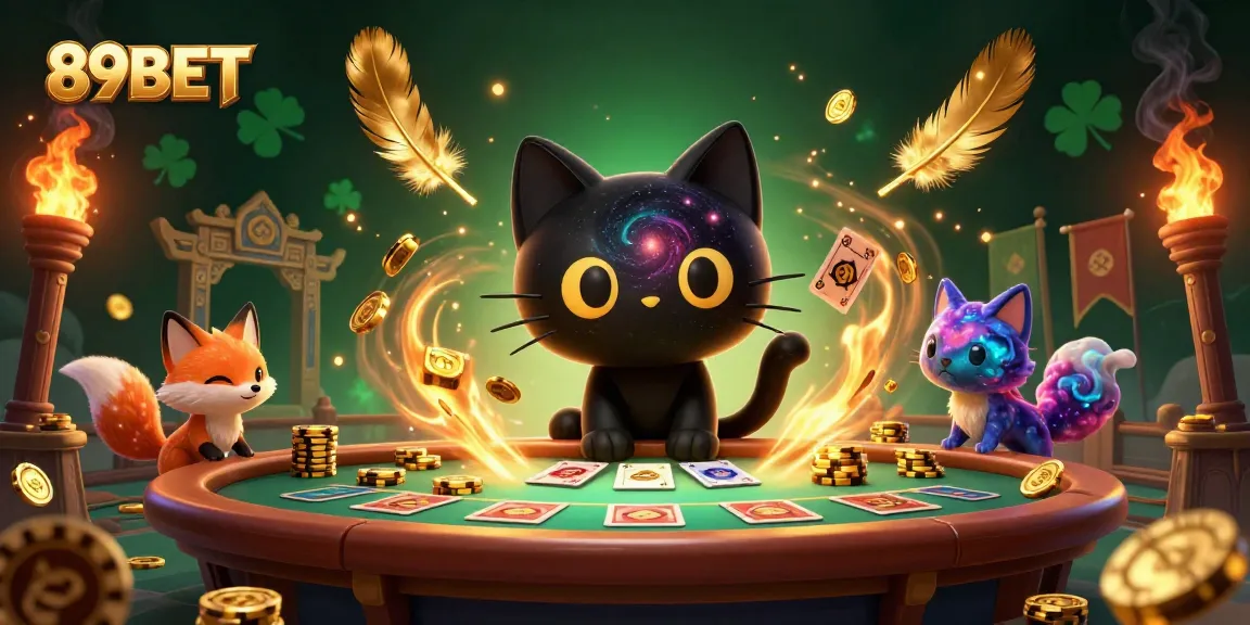 Win big at 89BET with the cosmic casino featuring a playful black hole cat pulling in chips and cards.