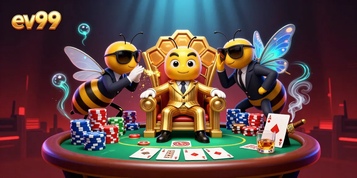 ev99 showcases thrilling poker action with a buzzing mob boss and enchanting characters in a captivating casino scene.