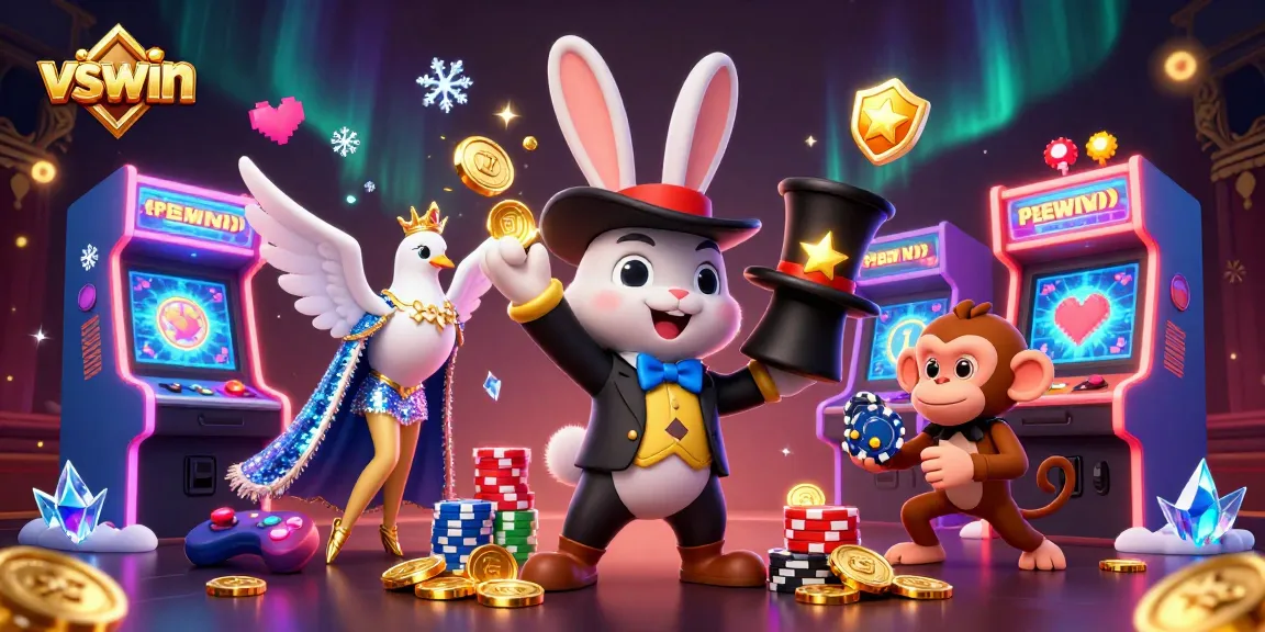 Experience thrilling wins at vswin casino with an enchanting 3D illustration featuring playful characters and game elements.