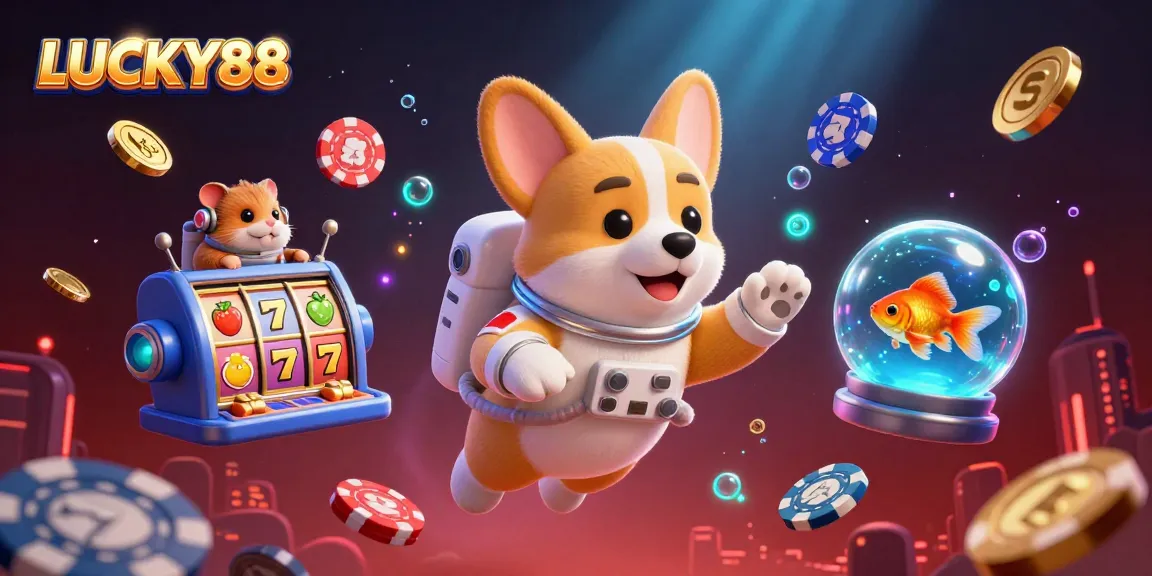 LUCKY88 slots floating in a vibrant casino scene with whimsical characters delivering excitement