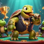 Win at yais with an adventurous turtle and bullfrogs spinning the reels in a vibrant casino