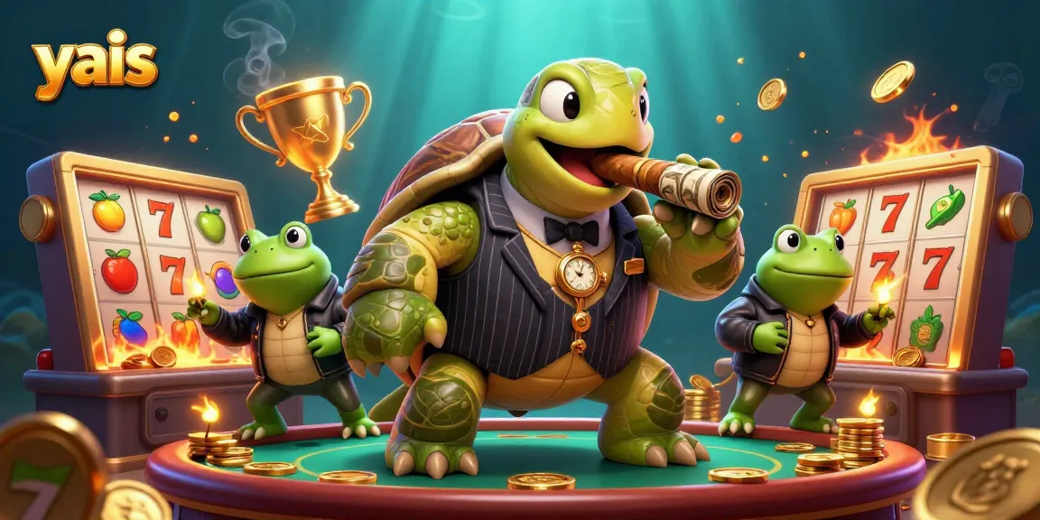 Win at yais with an adventurous turtle and bullfrogs spinning the reels in a vibrant casino